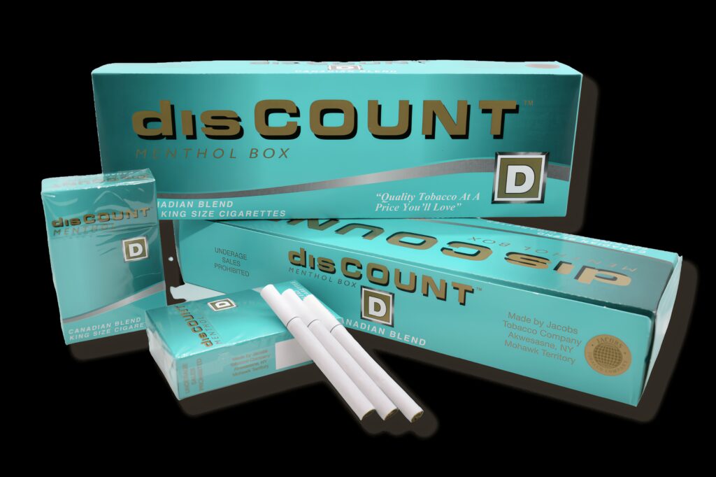 Discount Menthol cigarettes box, Canadian Blend, 200 King Size, turquoise and gold design with cigarettes.