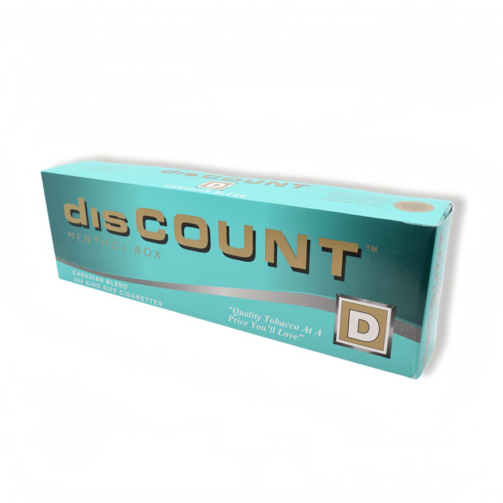 Discount Menthol cigarettes box, Canadian Blend, 200 King Size, turquoise and gold design.