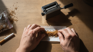 Hands rolling native cigarettes with loose tobacco using traditional rolling machine on wooden surface showing simple manufacturing process