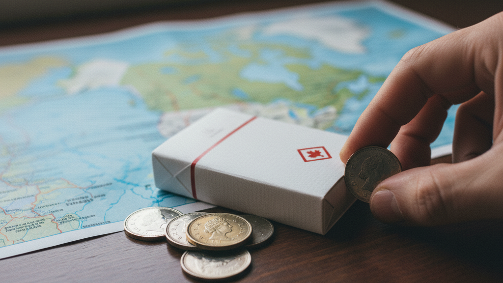 Canadian coins and cigarette package on Canada map showing provincial price differences for cheapest tobacco deals