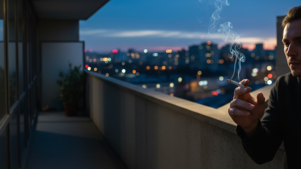 Person demonstrating proper cigarette smoking technique on balcony overlooking city lights during evening smoking break safely outdoors.