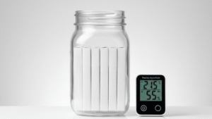 Proper cigarette storage setup with mason jar container and digital humidity meter showing optimal temperature conditions