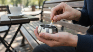 Responsible smoker using portable ashtray outdoors disposing cigarette safely following proper smoking etiquette and environmental safety practices.