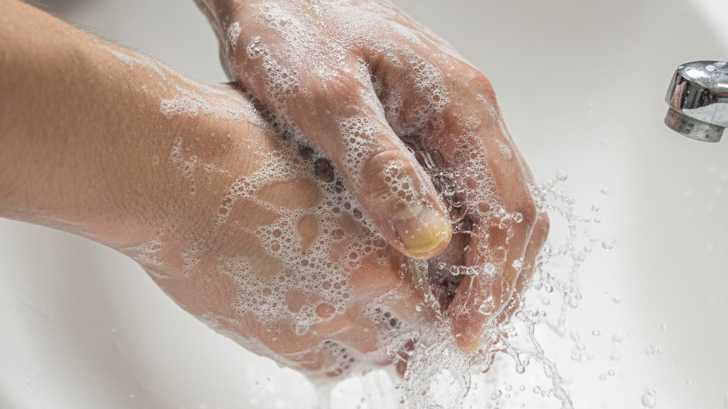 Close-up of hands being washed with soap and water to eliminate cigarette odor and tar buildup