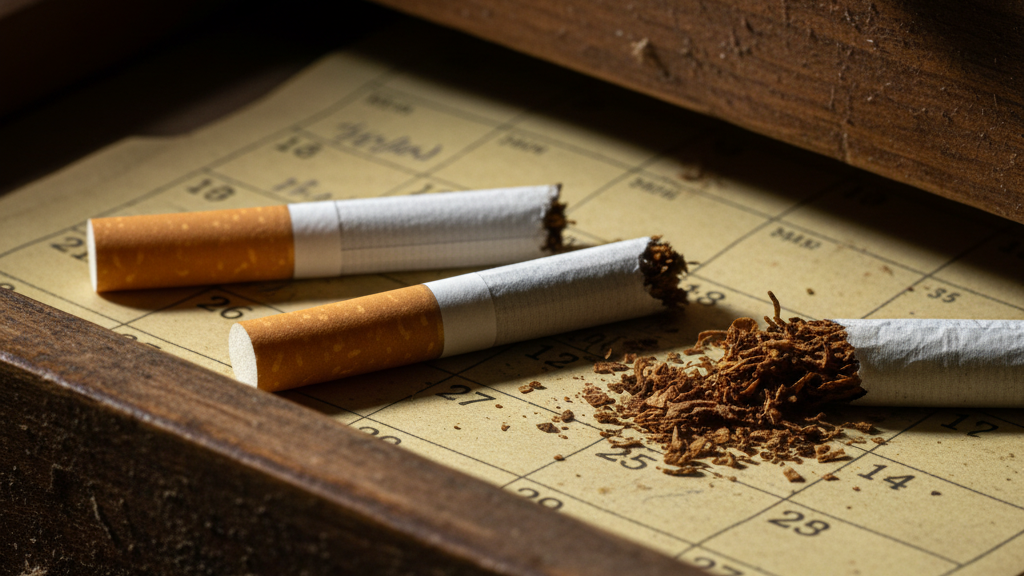 Cigarettes placed on calendar showing tobacco shelf life timeline and expiration dating for freshness tracking purposes.