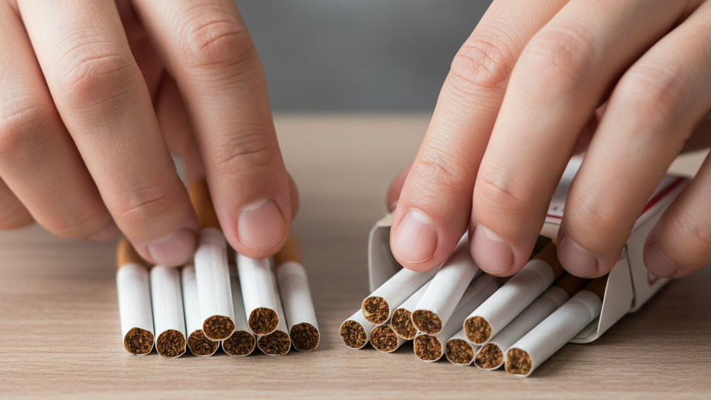 Hands counting cigarettes from pack showing standard twenty cigarette quantity in Canadian tobacco packaging regulations.