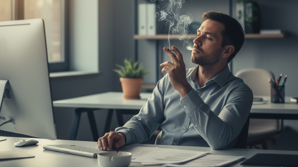 Office worker smoking cigarette demonstrating typical puff behavior affecting nicotine absorption and tar intake levels