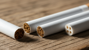 Different types of Canadian cigarettes showing tobacco filling and filter construction on wooden surface