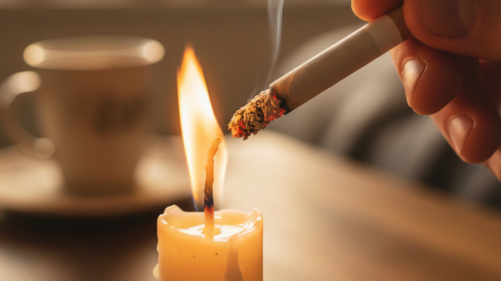 Hand holding lit cigarette near burning candle flame demonstrating practical alternative method to light cigarette without using traditional lighter