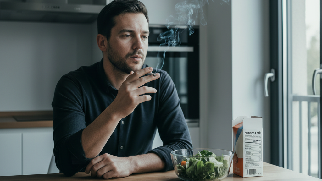 Man smoking cigarette while healthy salad and nutrition facts label sit nearby showing contrast between tobacco and proper nutrition